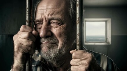 Old man prisoner with tears on face looking outside cell window showing despair and desperation concept, video - Powered by Adobe
