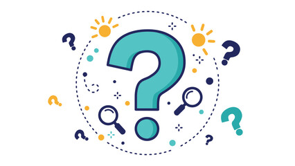 Question mark exploration badge icon with magnifying glasses light rays and dotted teal orbs in modern flat vector style isolated