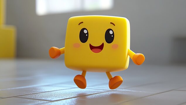 Cute yellow cube character, joyful expression
