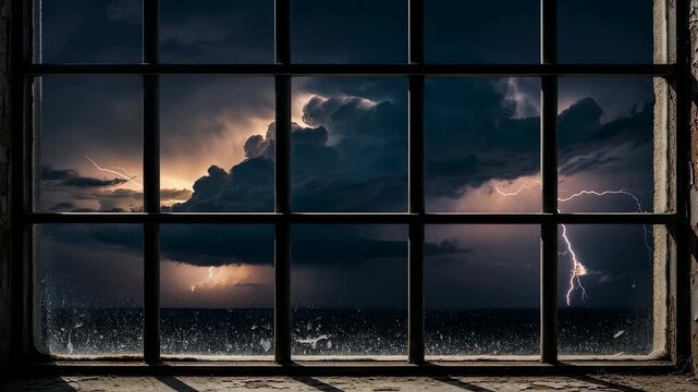 View from prison window showing dark, stormy sky with lightning over ocean, depicting incarceration and isolation footage.