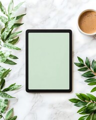 Mockup of Tablet on Marble Surface with Coffee and Leaves mockup concept preview