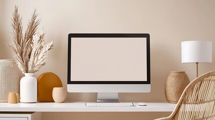 Fototapeta premium Minimalist Home Office with Computer Monitor and Decor mockup concept preview