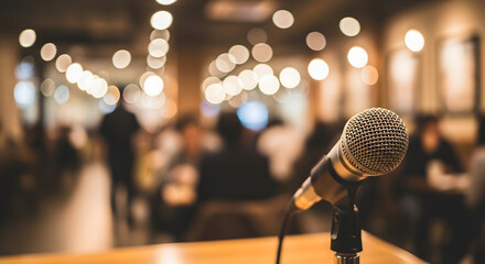 Microphone on stage before a blurred audience in a warm lit venue ready for a speech or presentation