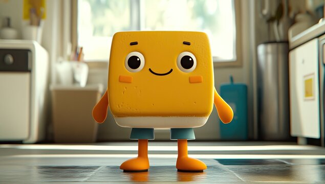 Smiling, yellow cube figure in a kitchen setting