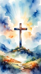 Obraz premium Watercolor cross on a hilltop, sunlit sky