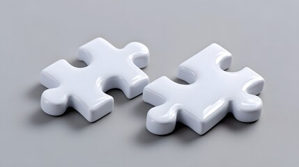 Obraz premium Two white puzzle pieces coming together, representing the concepts of coope n, teamwork, and problem-solving to achieve a common goal or solution.