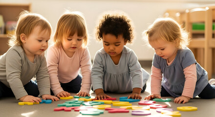Adorable toddlers playing together learning alphabet colorful letters early childhood education daycare preschool development child care kids toddlers group learning