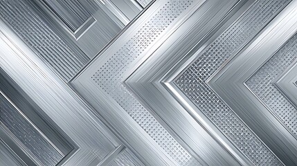 Layered metallic chevron pattern with brushed chrome texture. Futuristic silver industrial background for technology design, wall decor, or luxury product mockup presentations.