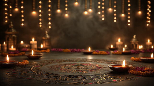 Diwali celebration background with diya lights and festive decorations for greeting card design