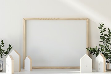 A minimalist scene featuring a large blank frame centered on a white shelf, flanked by small white houses and potted greenery, set against a light-colored wall