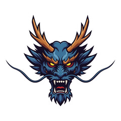 Intricate illustration of a blue dragon's head with golden antlers, fierce expression, and open mouth.