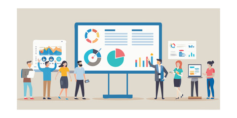 Diverse team of professionals collaborating and presenting data charts and graphs during a business meeting