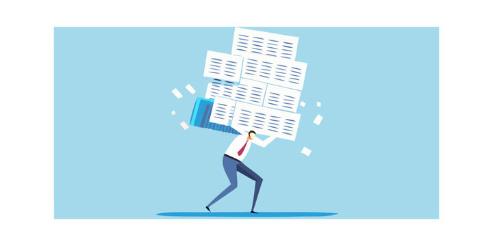 Overwhelmed businessman struggling under a massive stack of documents and papers symbolizing workload and stress
