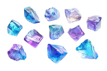 Naklejka premium Collection of shimmering iridescent ice cubes with prismatic light effects isolated on transparent background
