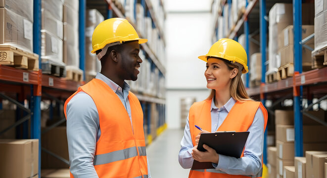 Warehouse workers discussing inventory management teamwork logistics collaboration efficient supply chain distribution center industry professionals hard hats safety vests - Powered by Adobe