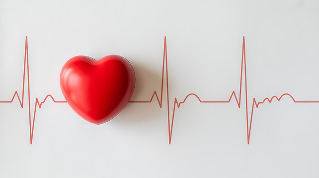 Red heart symbol placed over a heartbeat line on a white background