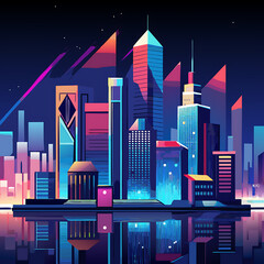 Nighttime City View Featuring Brightly Lit Skyscrapers and Water Reflections, Ai Generated 
