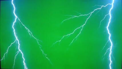 Powerful electric lightning bolt strike creating bright white energy discharge with multiple branches on a chroma key green screen background for easy compositing.
- Powered by Adobe
