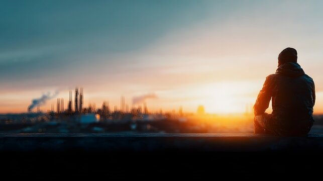 A solitary figure sits on a rooftop gazing at a sprawling industrial cityscape bathed in the warm light of a setting sun