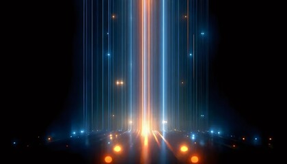 抽象的なオレンジ色と青色の光のストリークが黒い背景に照らされている