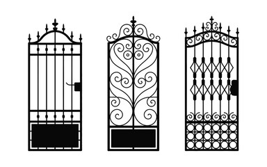 Set of black ornate metal gates with intricate scrollwork and decorative elements, classic garden entrance designs