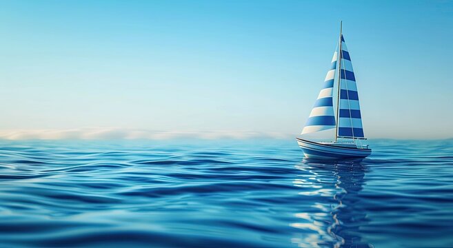 A solitary sailboat with blue and white striped sails glides serenely across a calm, azure ocean under a clear, bright sky. Its reflection mirrors on the tranquil water