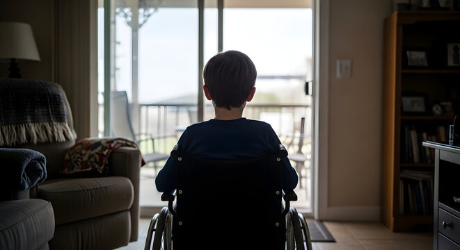 Boy in Wheelchair Looking Out Window Daydreaming Hopeful Future Dreams Aspirations Disability Acceptance Inclusion Support Caregiver Family Home Life