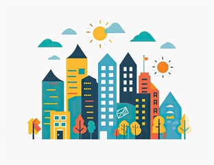 Fototapeta premium A stylized cityscape illustration featuring various buildings, trees, and a sunny sky, depicted in a flat, vector design style