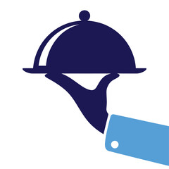 Fototapeta premium Blue waiter hand holding serving platter cloche, food service icon, catering symbol, restaurant concept