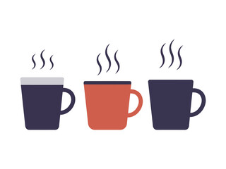 Three colorful steaming mugs of a hot beverage like coffee or tea, depicted in a simple flat vector illustration style on a white background.