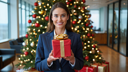 Woman holding Christmas gift in festive office environment with tree in view