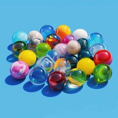 Fototapeta premium A vibrant pile of colorful glass marbles rests on a bright blue background, casting a subtle shadow. The marbles vary in color and pattern