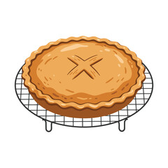 A freshly baked golden-brown pie with a decorative crust, cooling on a wire rack, presented as a cartoon illustration.