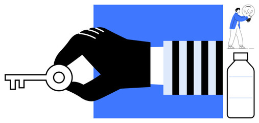 Black hand holds vintage key over blue background man with lightbulb and bottle nearby. Ideal for solutions, creativity, opportunities, technology, sustainability, problem-solving, growth. Simple