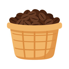 A wicker basket full of roasted coffee beans.