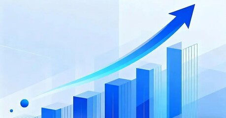 青色の上昇グラフと矢印のビジネス成長イメージ