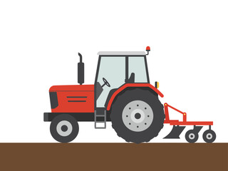 Red tractor plowing a field.