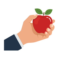 A hand holding a red apple with green leaves, isolated on a white background.