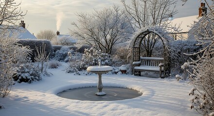 A tranquil winter garden scene covered in fresh white snow.