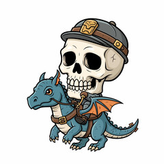 Cartoon Skeleton Miner Riding a Blue Dragon with Orange Wings.