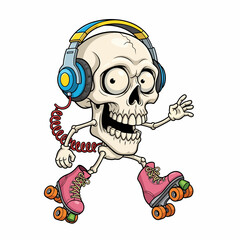 Cartoon Skeleton on Roller Skates with Headphones and Cord.