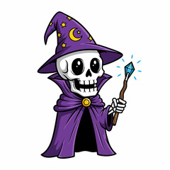 Cartoon Skeleton Wizard with Purple Robe and Glowing Blue Crystal Staff.