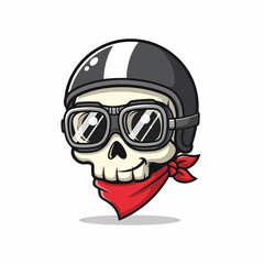 Cartoon Skull Biker with Helmet Goggles and Red Bandana Smiling.