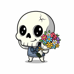 Cartoon Skull Character in Blue Shirt Holding Colorful Flower Bouquet.