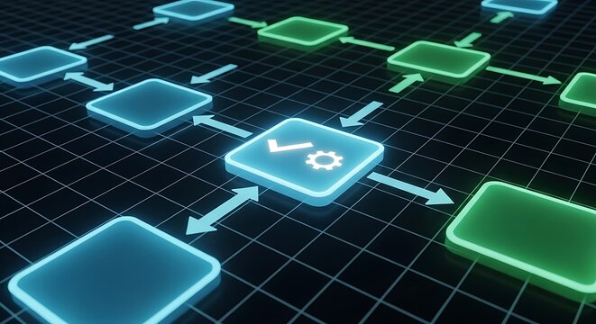Digital flow chart with glowing nodes representing process or decision making
