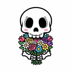 Cartoon Skull with Pink Cheeks Holding a Colorful Bouquet of Flowers.