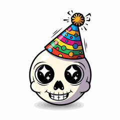 Cartoon Skull with Starry Eyes and a Colorful Polka Dot Party Hat.