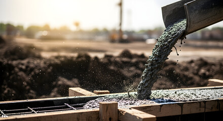 Fototapeta premium Construction site concrete pouring process industrial building foundation development infrastructure project