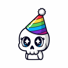 Cartoon Skull with Starry Eyes and Rainbow Party Hat Illustration.