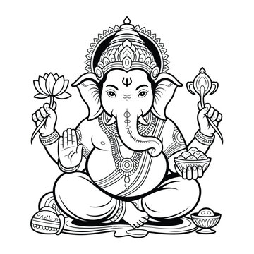 Black and white vector illustration of lord ganesha sitting and holding lotus flowers and offerings silhouette vector illustration white background